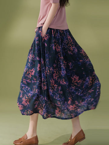 Women Summer Artsy Flower Drawstring Pocket Ramie Skirt