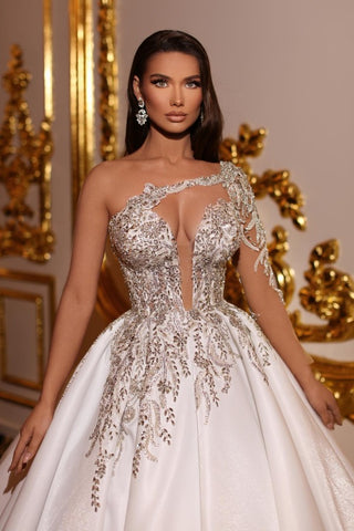 One Shoulder Long Sleeves Princess Wedding Dress With Beads