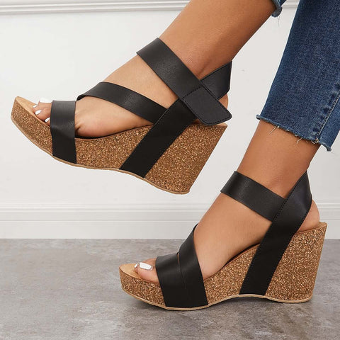 Cork Platform Wedges Ankle Strap Slingback Sandals