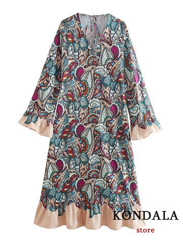 Vintage Blumendruck V-Ausschnitt Lockeres Langes Kleid Frauen Blütenblatt Ärmel Rüschen Fashionn Kleid Boho Elegante Vestidos
