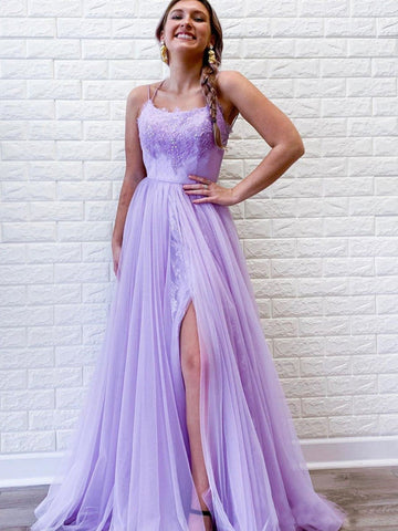 A-Linie Lila rückenfreies langes Tüll-Ballkleid