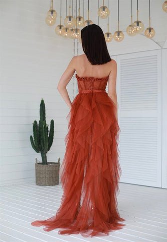 Elegant Rust Tiered Ruffles Tulle Prom Dress