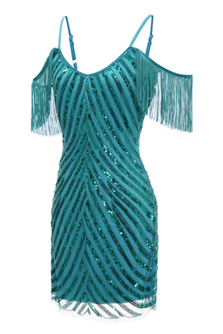 Funkelndes türkisfarbenes, kurzes Homecoming-Kleid mit engen Pailletten und Fransen