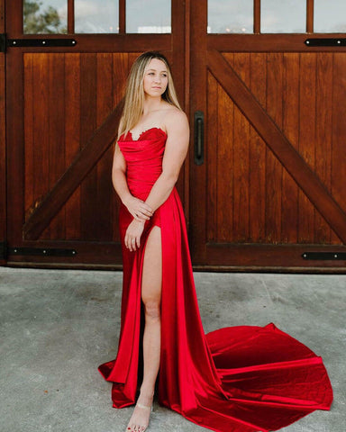 Mermaid Strapless Satin Prom Dress with Slit