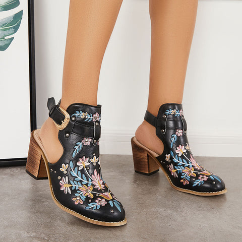 Pink Cutout Embroidered Chunky Heels Ankle Strap Slingback Sandals