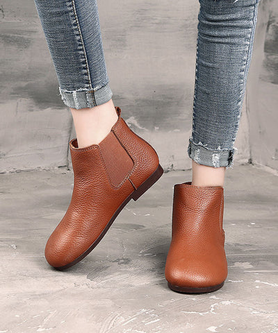 Coffee Boots Cowhide Leather Boho Warm Fleece Flat Boots
