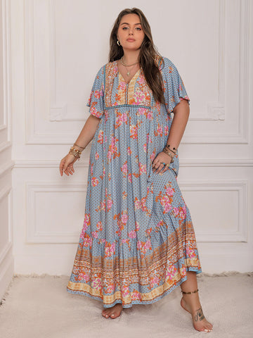 Plus Size Floral Sleeve Beach Maxi Dress