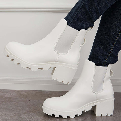 Faux Leather Chelsea Chunky Heel Ankle Boots Lug Sole Booties