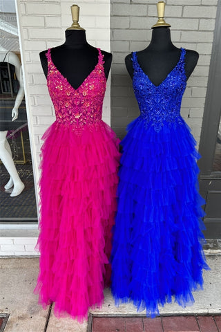 Layers Floral Tulle A-line Long Prom Dress