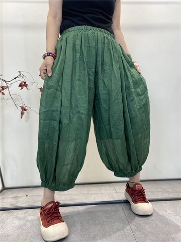 Women Summer Solid Thin Loose Pocket Pleat Cotton Pants