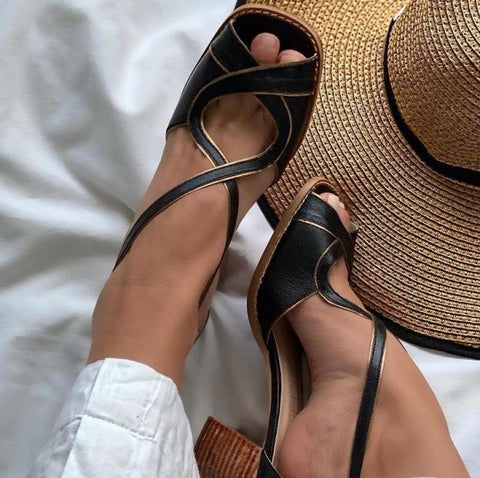 Mid Heel Sandals Summer Handmade Ladies Heels Mixed Colors Women Slip-On Peep Toe Ladies Pumps Square Heel Casual Shoes