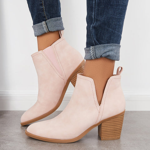 Cutout Western Ankle Cowboy Boots Chunky Stacked Heel Booties