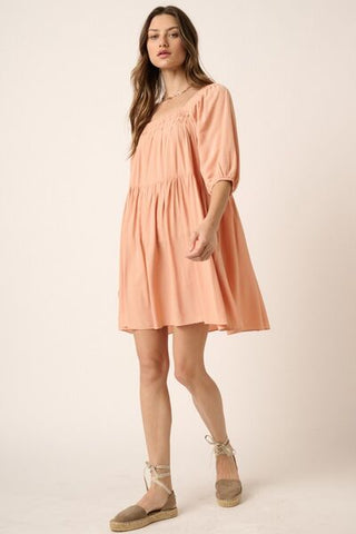 Pintuck Detail Tie Back Mini Summer Dress