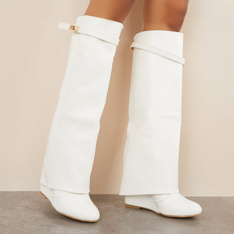 Women Pointed Toe Fold Over Wedge Heel Knee High Boots