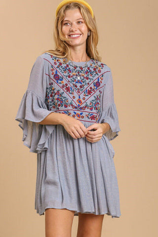 Full Size Floral Embroidered 3/4 Bell Sleeve Boho Dress