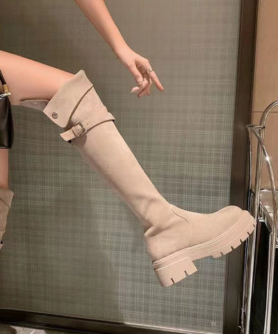 Style Apricot Belt Buckle Platform Boots