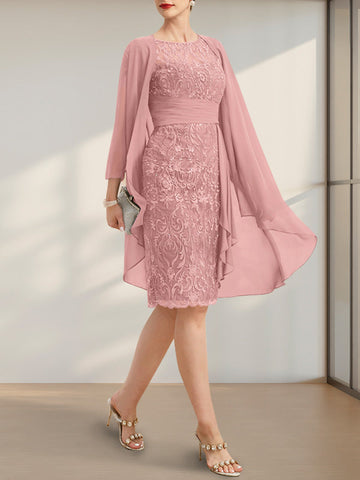 Sheath/Column Scoop Illusion Knee-Length Lace Chiffon Mother of the Bride Dress With Cascading Ruffles Sequins