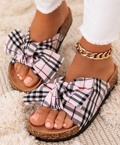 0508Casual Khaki Beach Slide Sandals Splicing Bow Canvas