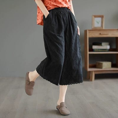 Summer Loose Retro Embroidery Trim Wide Leg Pants