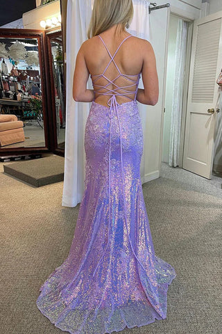 Purple Spaghetti Straps Appliques Prom Dress with Slit