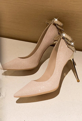 Gold bow crystal high heels slim heels shallow mouthed pointed toe single shoes fashionable French rhinestone wedding shoes