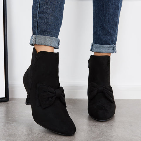 Bowknot Kittten Heel Ankle Boots Side Zipper Dress Short Booties