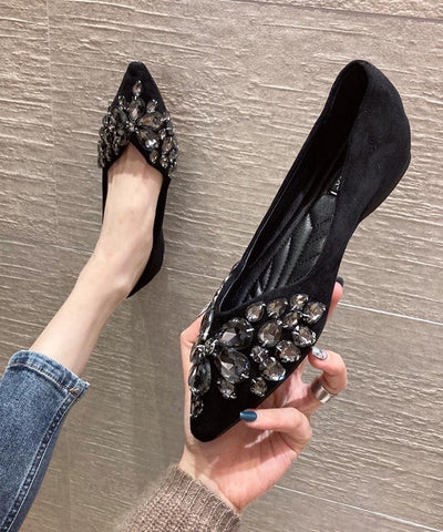 Schwarze flache Schuhe Fashion Splicing Zirkon spitze Zehe