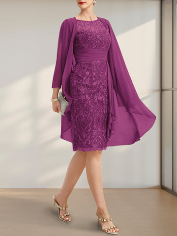Sheath/Column Scoop Illusion Knee-Length Lace Chiffon Mother of the Bride Dress With Cascading Ruffles Sequins