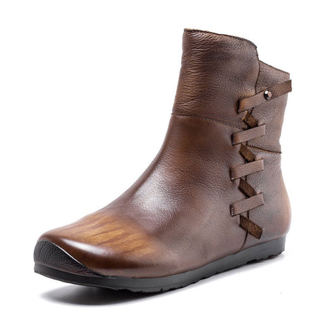 Cozy Side Zippers Casual Leather Flats Martin Boots