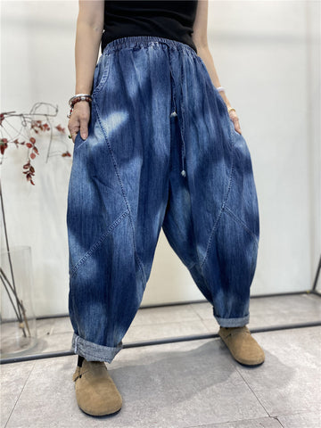 Women Summer Vintage Tie-dye Spliced Denim Harem Pants