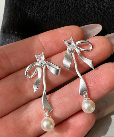 Fashion Silvery Bow Metal Pearl Pendant Fine Zircon Drop Earrings