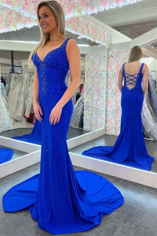 Elle | Meerjungfrau-Ballkleid aus Satin mit V-Ausschnitt und Perlenbesatz und überkreuztem Rücken