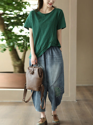 Women Summer Retro Patch Stitching Pocket Denim Pants