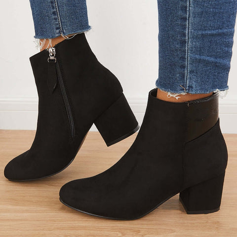 Chunky Block Mid Heel Ankle Boots Side Zipper Booties