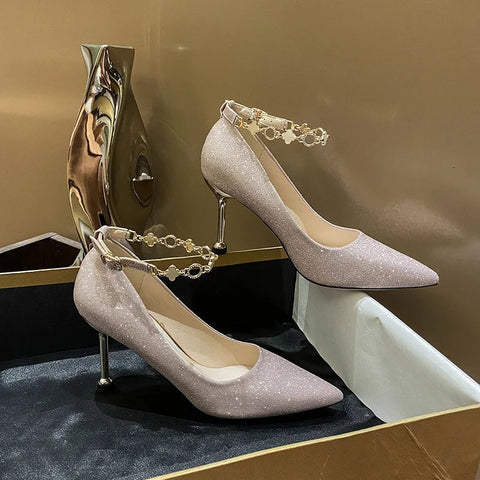 Silver straight line buckle French high heels fashionable slim heels pointed single shoes bride bridesmaids wedding shoes women