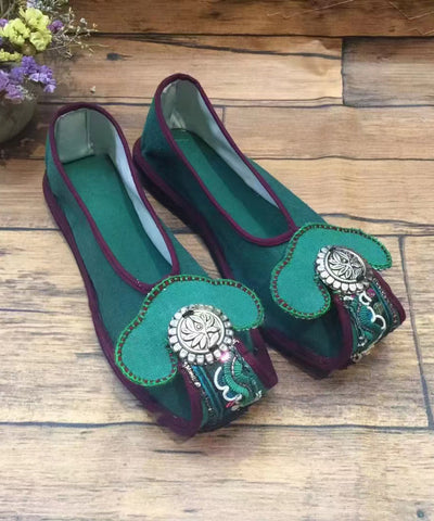 Flache Schuhe im chinesischen Stil mit grüner Stickerei für Damen