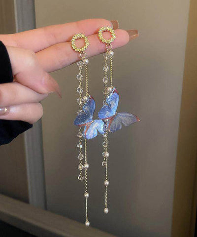 Stylish Blue Acrylic Crystal Butterfly Tassel Drop Earrings