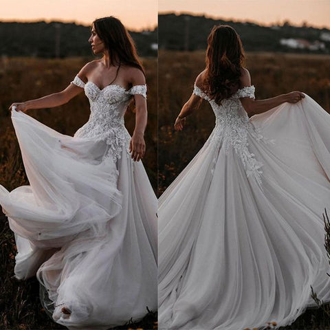 Bmbridal Off-the-Shoulder Boho Wedding Dress Tulle With Lace Appliques