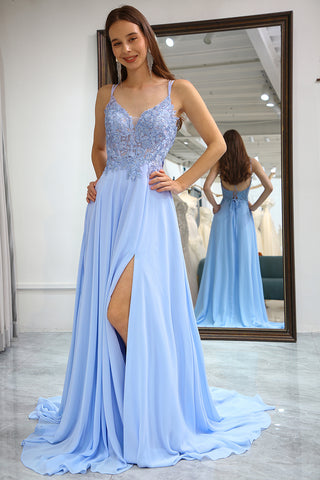 Chraming A Line Spaghetti Straps Blue Long Prom Dress with Split Front