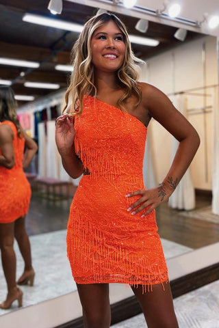 Bling Sheath One Shoulder Orange Short Homecoming Dress with Tassel