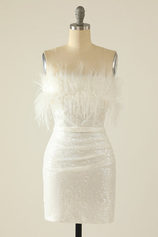 White Strapless Homecoming Dress with Feathers