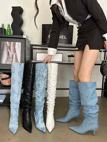 Sexy Women Over The Knee Boots Chelsea Booties Pointed Toe Blue Black White Denim Cloth Winter Dress Shoes Slip On Autumn Boots