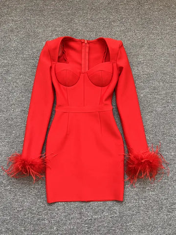 Black White Red Pink Blue Dusty Pink  Bandage Feathers Dress