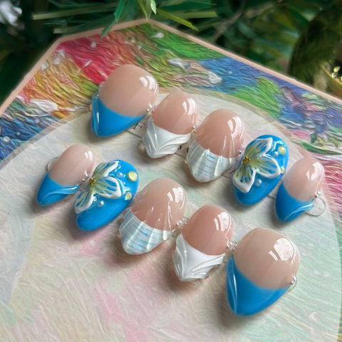 Blue Shell Short Almond NailsCarefully designed pure handmade press-on gel nails
