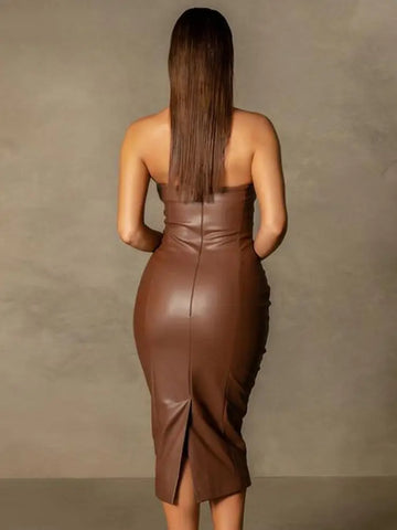 Pu Faux Leather Women Midi Party Dress Women Backless Sexy Hot Clubwear Skinny Slim Solid Fashion Elegant Bodycon Dresses