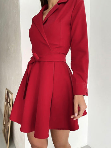 Frühlingsneues elegantes Kleid mit Anzugkragen, langen Ärmeln und Schnürung, Schleife, hoher Taille, A-Linien-Kleid