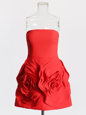 Lady style tube top A-line dress party dress three-dimensional rose large flower patchwork dress for women