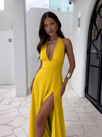 New Fashion Hanging Neck Split Lace Solid Color Dress for Women