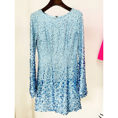 Neck Fashion Elegant Flare Sleeve Blue Sequins Party High Street Mini Straight Women Glitter Dress