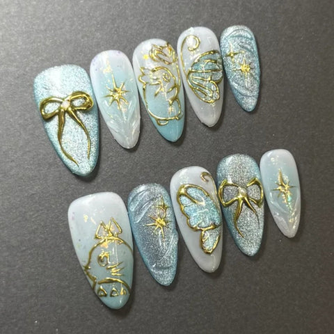 Blue Bow Almond NailsCarefully designed pure handmade press-on gel nails